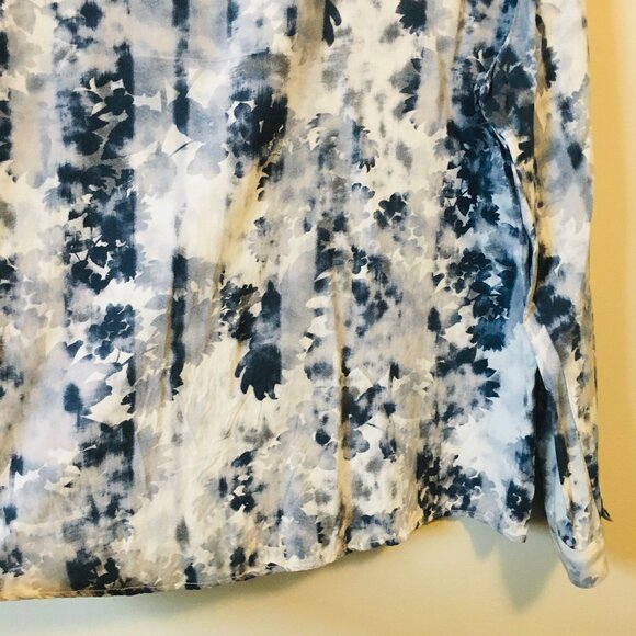 Coco Y Club White and Blue Floral Tie Dye Print Rayon Button Down Shirt - Picture 7 of 15